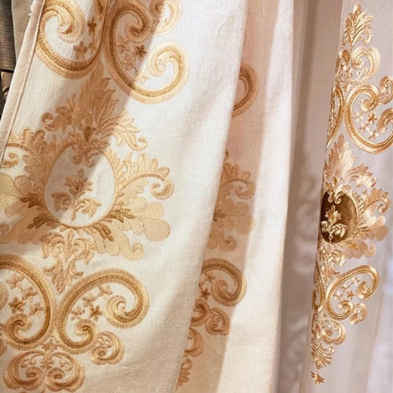European Embroidery Curtains for Living Dining Room Bedroom Chenille Gold Champagne Color Curtains Customize Window Valance