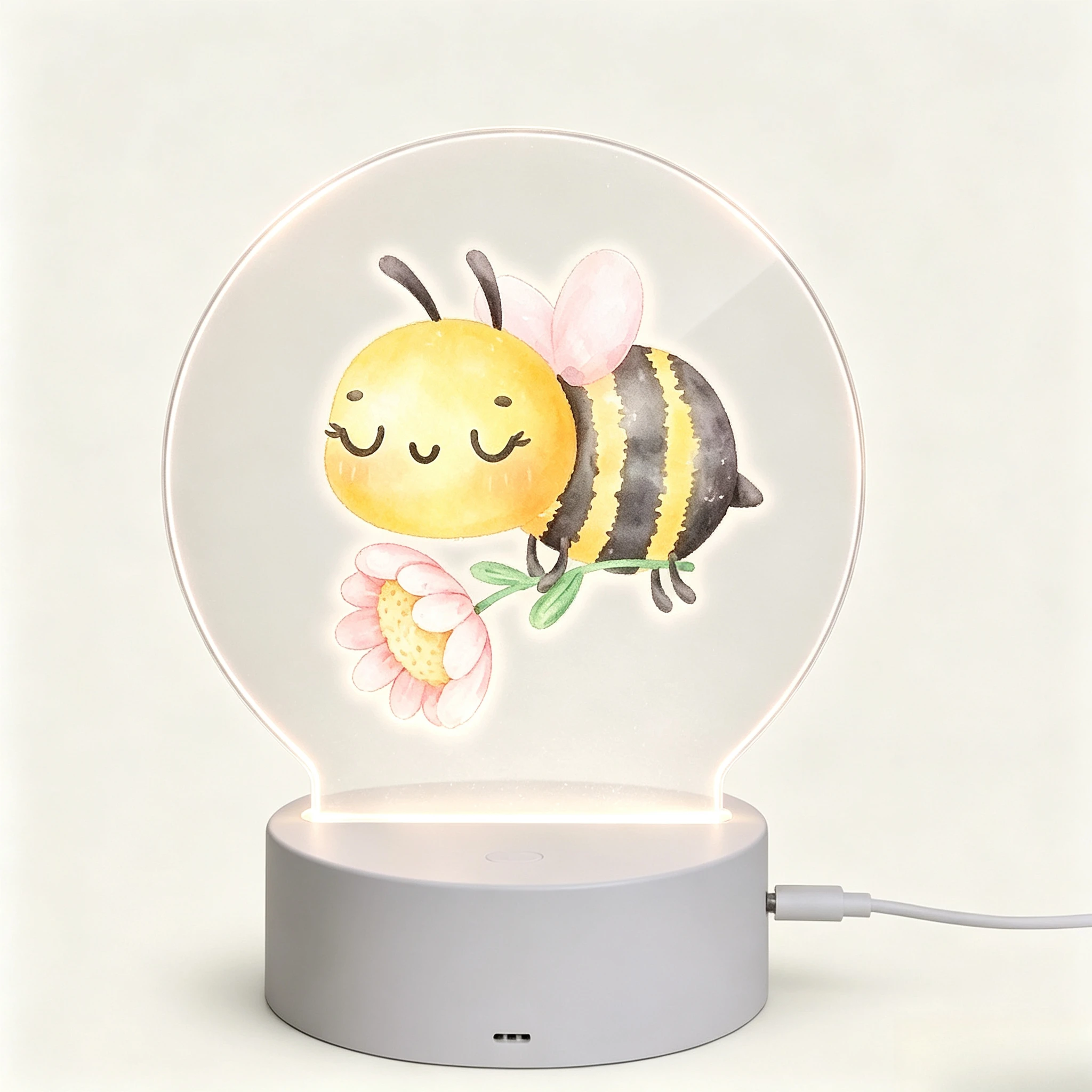Custom Name LED Acrylic Night Light, Watercolor Cute Bee Holding Flower Pattern USB Lamp Kids Bedroom Birthday Gift