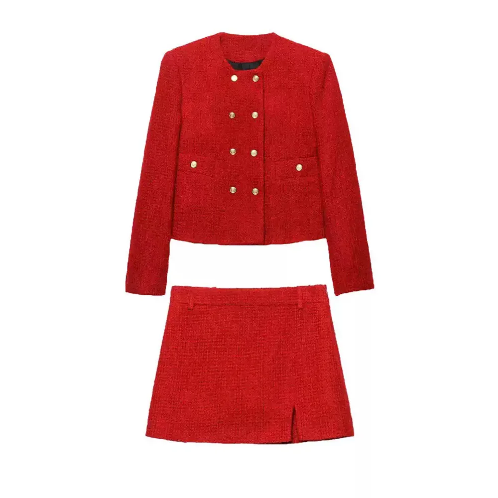 New Women's Versatile Fashion Button Decoration Texture Double breasted Button Short Style Small Fragrant Coat Short Skirt