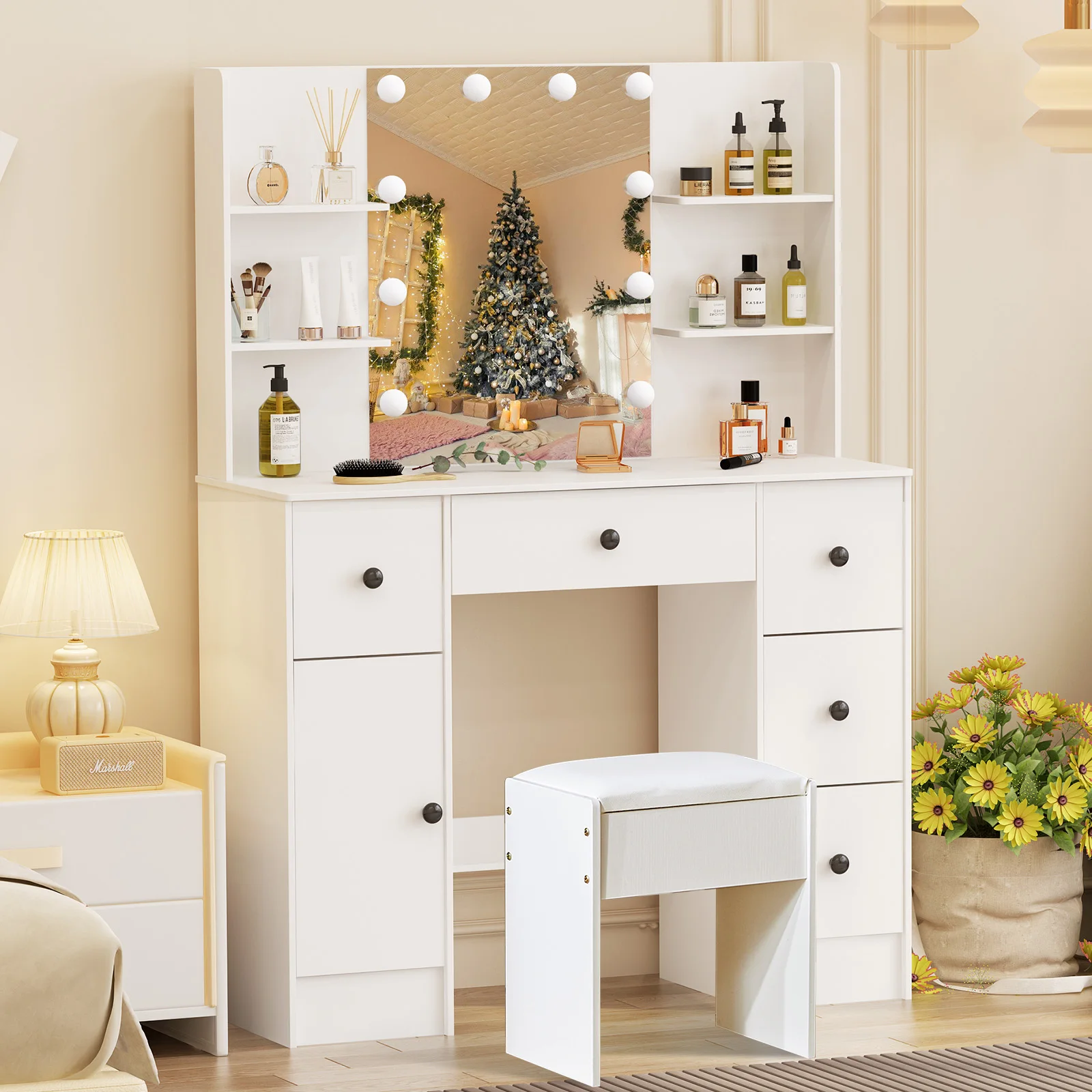 Dresser Desk Bedroom Makeup Dressing Vanity Table Set LED Lights Mirror W/Drawer