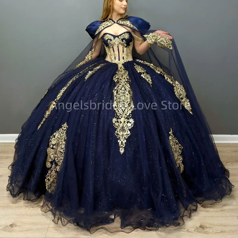 Angelsbridep Customized Navy Blue Ball Gowns Quinceanera Dresses Gold Appliques 2025 With Cape Brithday Dress Vestido XV Años