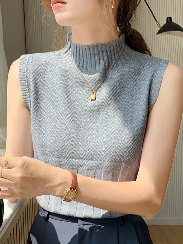 Korea Knitted Vests Women Top Turtleneck  Solid Tank Blusas Y2K 2024 Summer New Fashion Female Sleeveless Casual Thin Tops