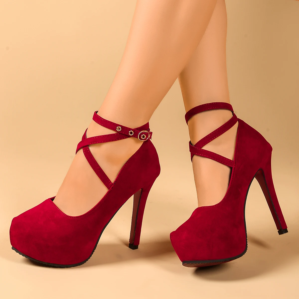 Woman Pumps Cross-Tied Ankle Strap Wedding Party Shoes Platform Dress Women Shoes High Heels Suede Plus Size High Heels Ladies view 2