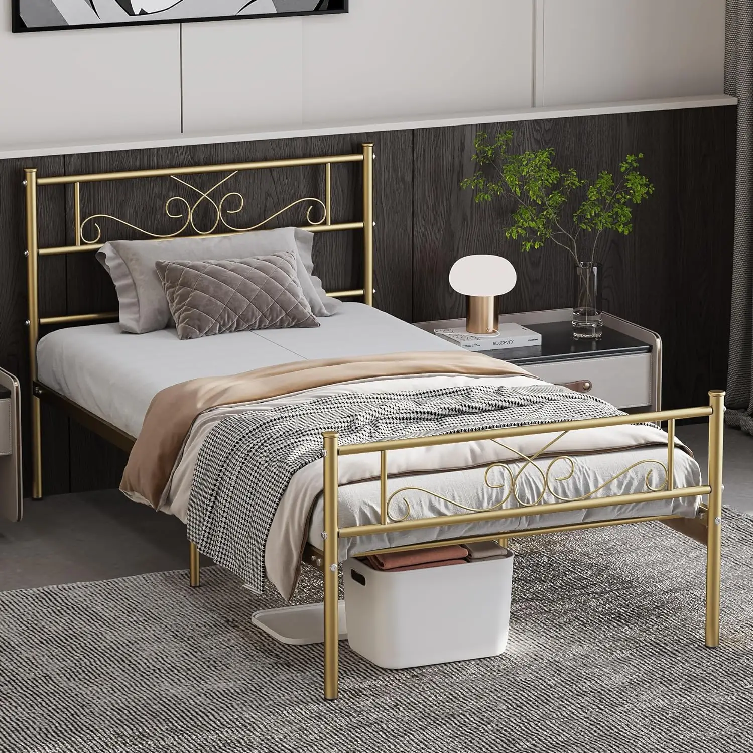 

Twin Size Bed Frame, Metal Platform Bed Mattress Foundation/Box Spring Replacement with Headboard Gold