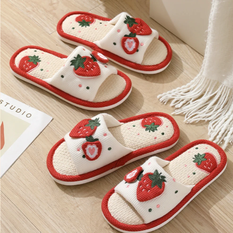 Strawberry Linen Slippers New Slippers Cotton Slide Sandals Flip Flops Summer Anti-slip Shoes Women