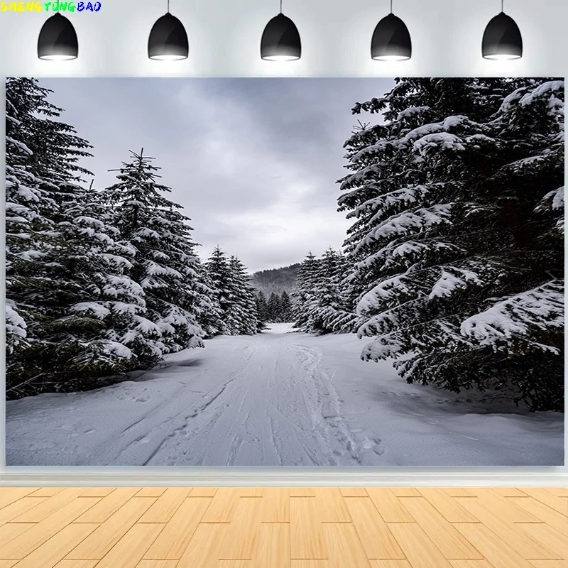 

Зимний лес, снежный, дорожный фон для фотосъемки, размытый пейзаж, снежинки, дорога, ель, деревья, фотофон XD-09