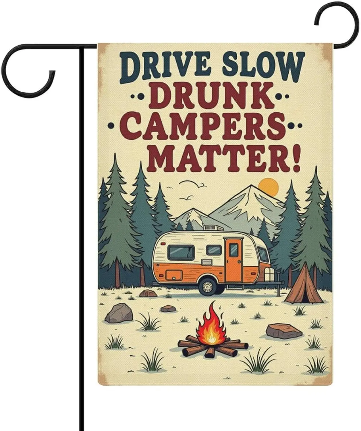 Drive Slow, Drunk Campers Matter, Vintage Camper Design with Mountain Double Sided Garden Flag 12x18 Inch, Outdoor Decor, Ya MMZ