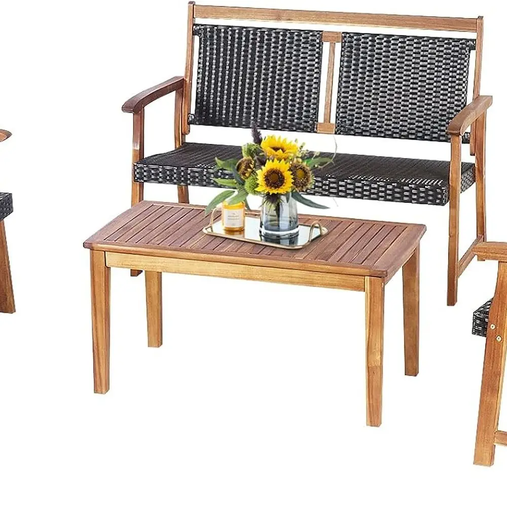 Juego de conversación de patio de ratán con estructura de madera de acacia con 4 piezas, muebles de exterior Patiojoy para jardín, patio trasero y piscina