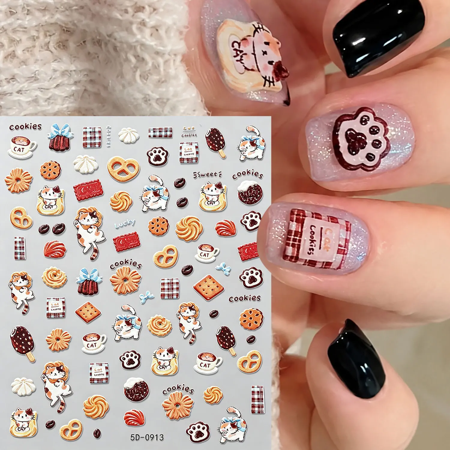 1Pcs 5D Kawaii Cookies & Cat Nail Art Stickers Ice Cream Coffee Nail Decals Self-adhesive Dessert Manicure Decorations & 8*10cm