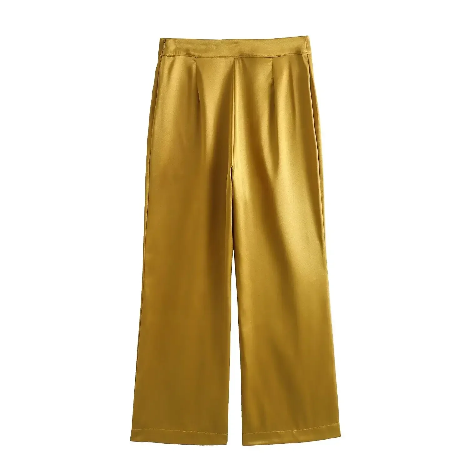 TRAF 2024 Women\'s Trousers Gold Satin Pants Women High Waist Baggy Pants Woman Autumn Winter Straight Office Casual Pants