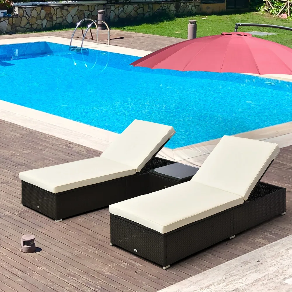 

Outdoor 3Pc Pe Wicker Patio Deck Chair Set W/Thick Cushions & Table, White