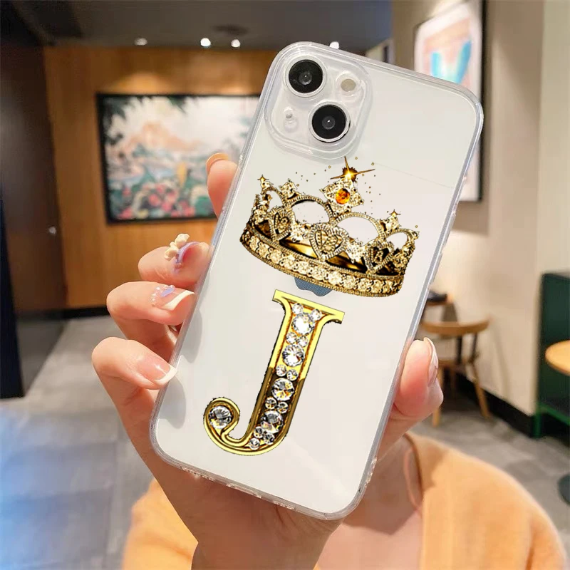 Diamond Crown Letter 26 Letters Luxury Transparent Phone Case For iPhone 15 14 13 12 mini 11 Pro Max XS X XR SE 7 8 Plus Cover