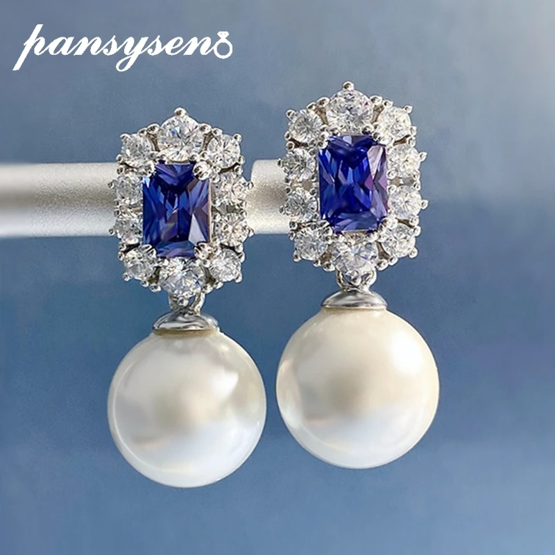 

PANSYSEN New Classic 925 Sterling Silver 12MM Created Pearl Tanzanite Gemstone Dangle Drop Earrings Wedding Party Fine Jewelry