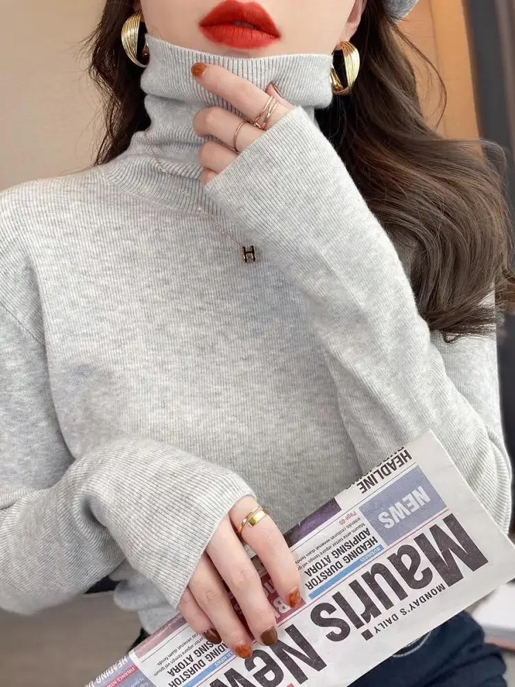 

2025 Women Pullover Autumn Winter Basic Slim Soft Solid Color Turtleneck Sweater Casual Long Sleeve Chic Bottom Knitted Jumper