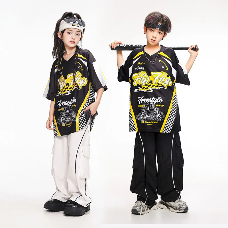 Ropa de Hip Hop para chico, camiseta con cuello en V y estampado negro, Top blanco, pantalones deportivos informales con bolsillo para niña y niño, Ropa de baile de Jazz, ropa de disfraz