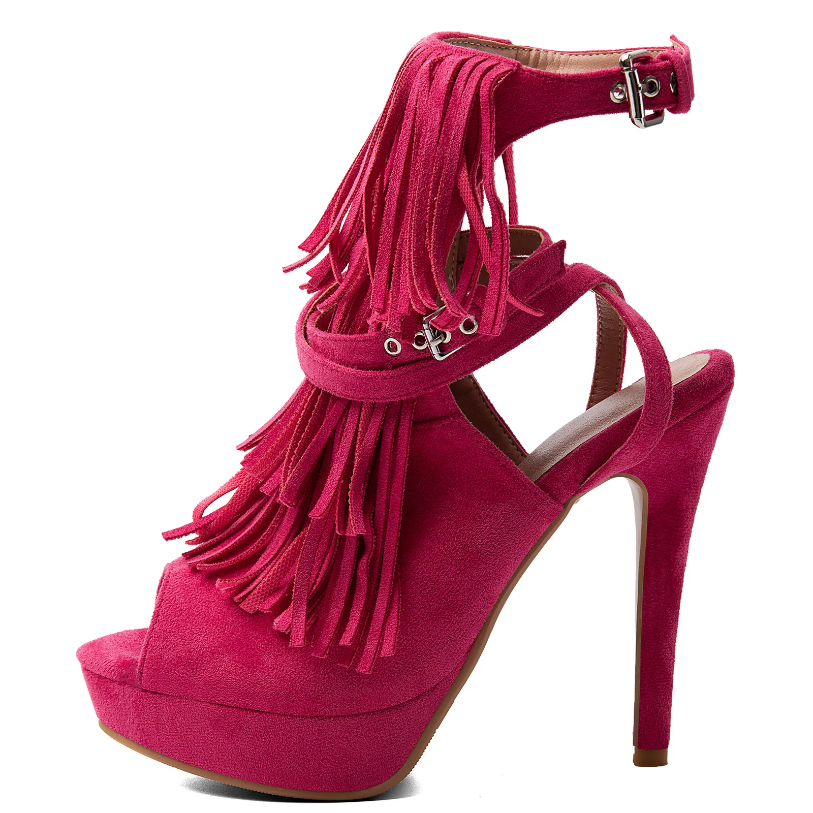 Women's Fuchsia Faux Suede Platform Sandals Peep Toe Fringe Ankle Buckle Strap Thin High Heels Summer Tassel Party Shoes
