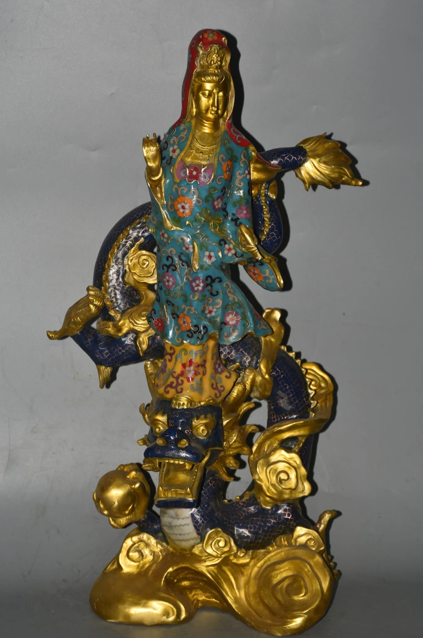 

28" Tibetan Temple Collection old bronze Cloisonne Enamel ride a dragon Avalokitesvara Buddha worship buddha Town house Exorcism