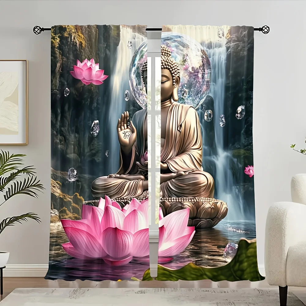 Buddha Lotus Curtain, Zen Meditation Waterfall Window Drape, Spiritual Yoga Blackout Panel, Living Room Bedroom Home Decor