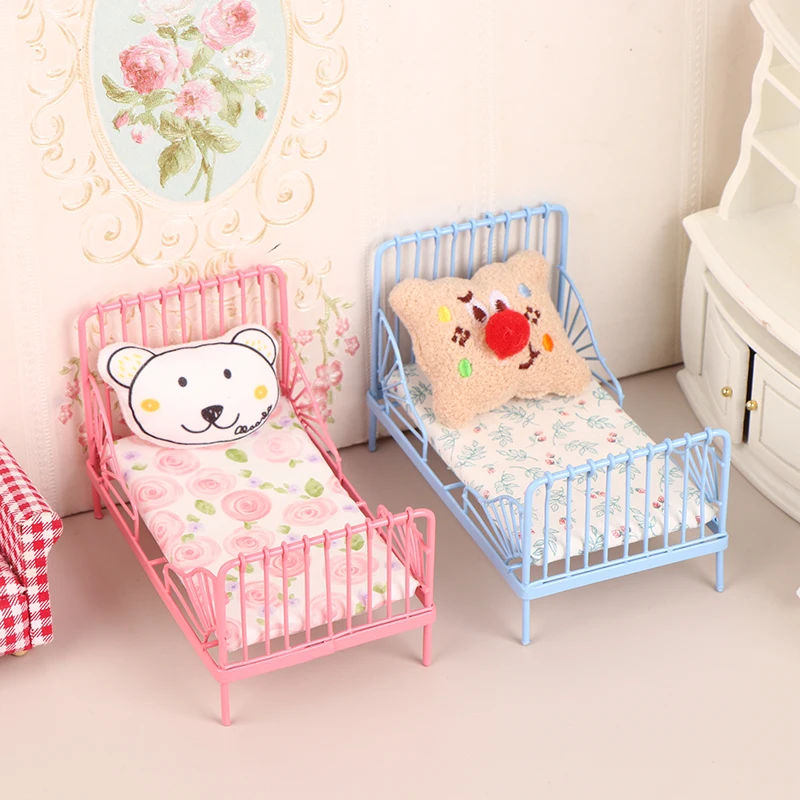 1Set Dollhouse Miniature Iron European Bed With Mattress Bear Pillow Furniture Bedroom Decor Toy Doll House Accessories