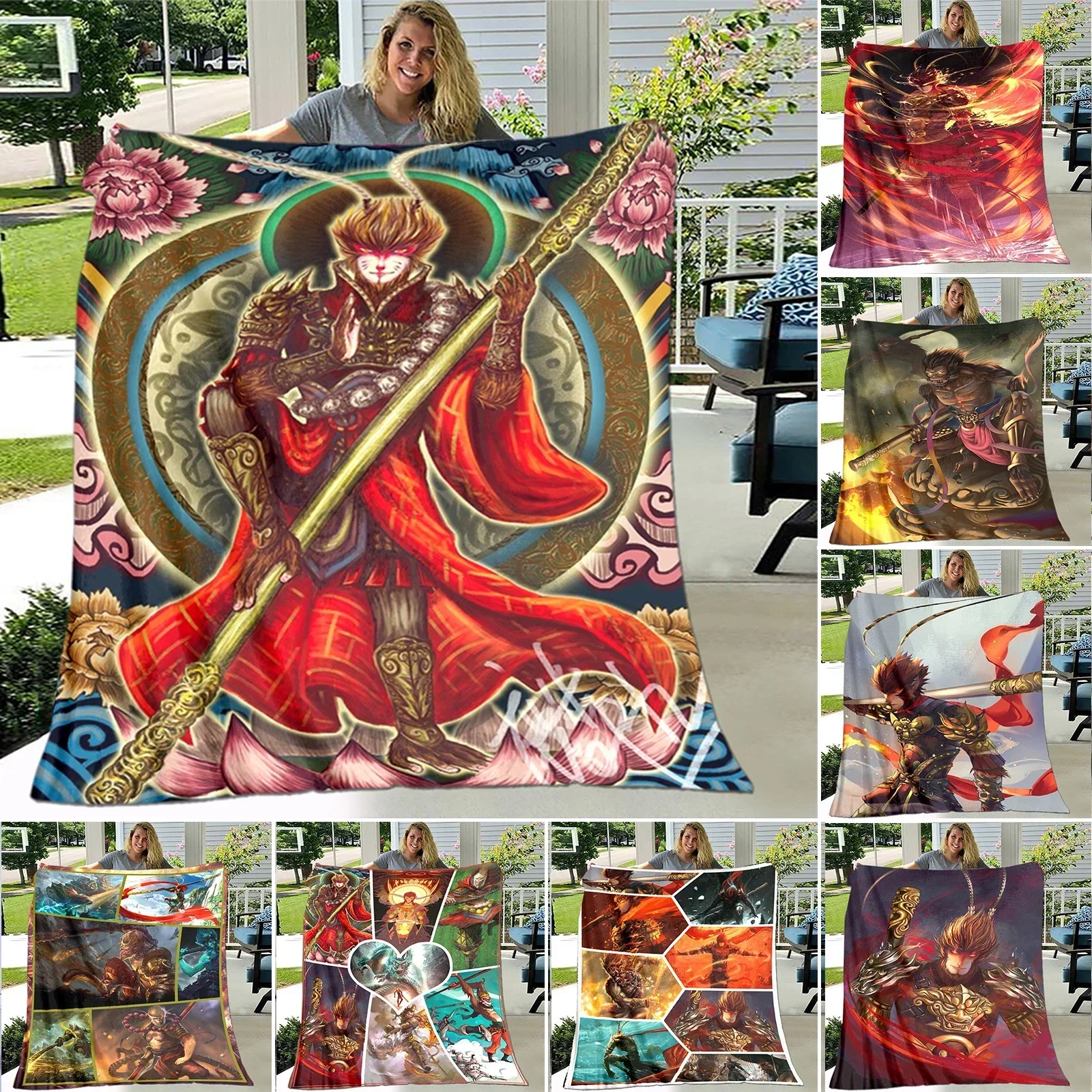 Art Sun Wukong Monkey King Soft Plush Sofa Bed Throwing Cartoon Picnic Blanket Modern Flannel Blanket Printed Comforter Gift