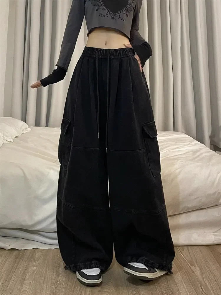 Pantalones vaqueros holgados con cordón para mujer, ropa informal de chándal de pierna ancha recta, moda coreana Y2K, 2024