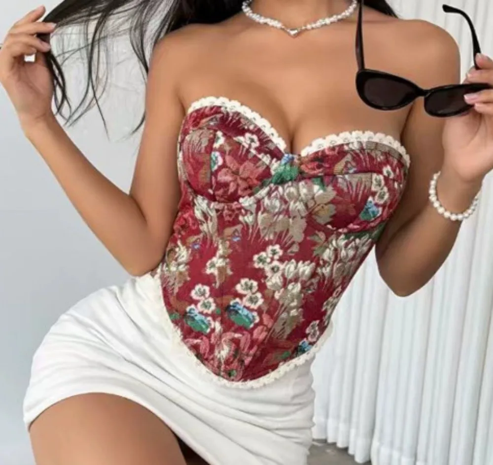 Fishbone Corset Lingerie Vintage Floral Monet Style Painting Crop Top Form Fitting Pushing Up Shaping Evening Gown Sexy Hot Girl