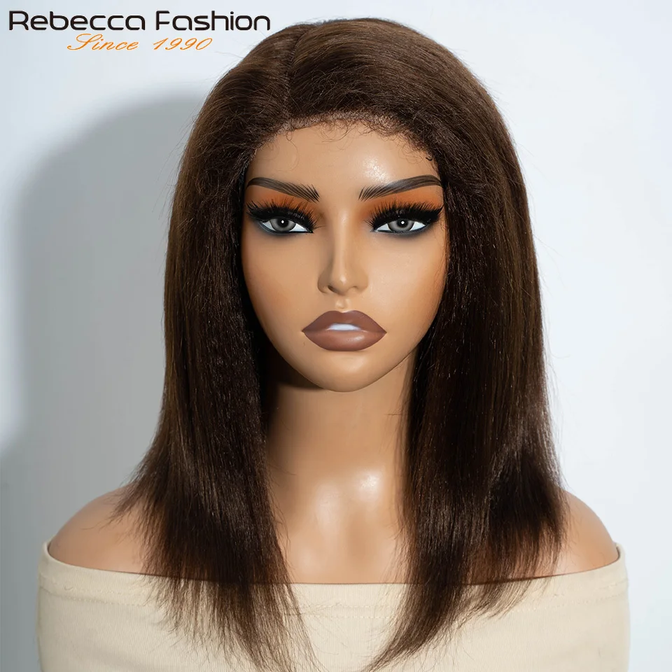 Natural Brown Color 4 Kinky Straight Bob Side Part Human Hair Lace Wig Natural Hairline Wig Natural Black Color Glueless Wigs
