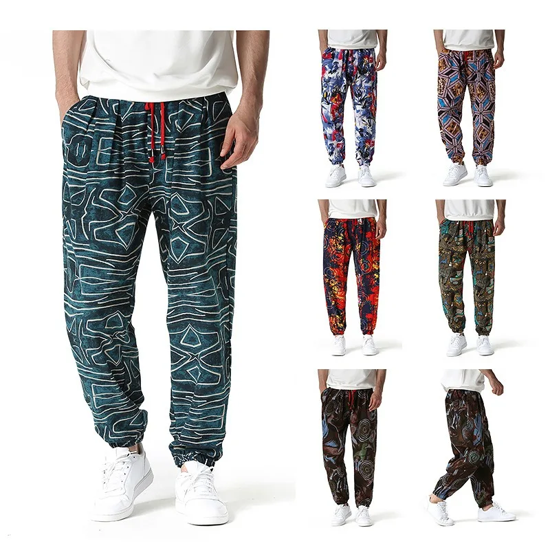 2024 Summer New Trendy Cotton Linen Printed Small Leg Pants for Men\'s Lantern Pants