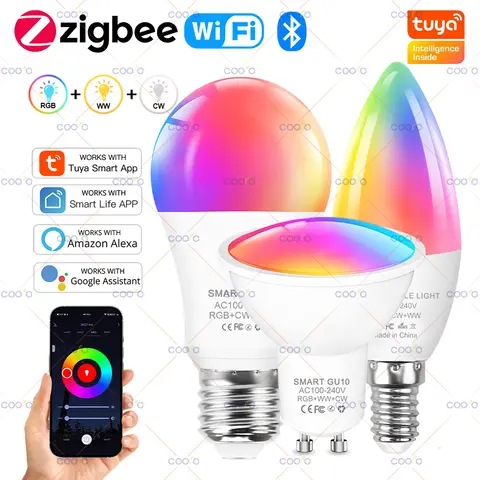 Tuya E27 GU10 E14 Bulb Zigbee/WiFi/Bluetooth Dimmable LED Light Lamp RGBCW Work with Amazon Alexa Google Assistant Voice Control