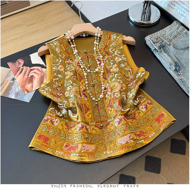 Elegant New Chinese Style Embroidered Vest Women's Fashionable Versatile High-End National Style Shoulder Pad Top