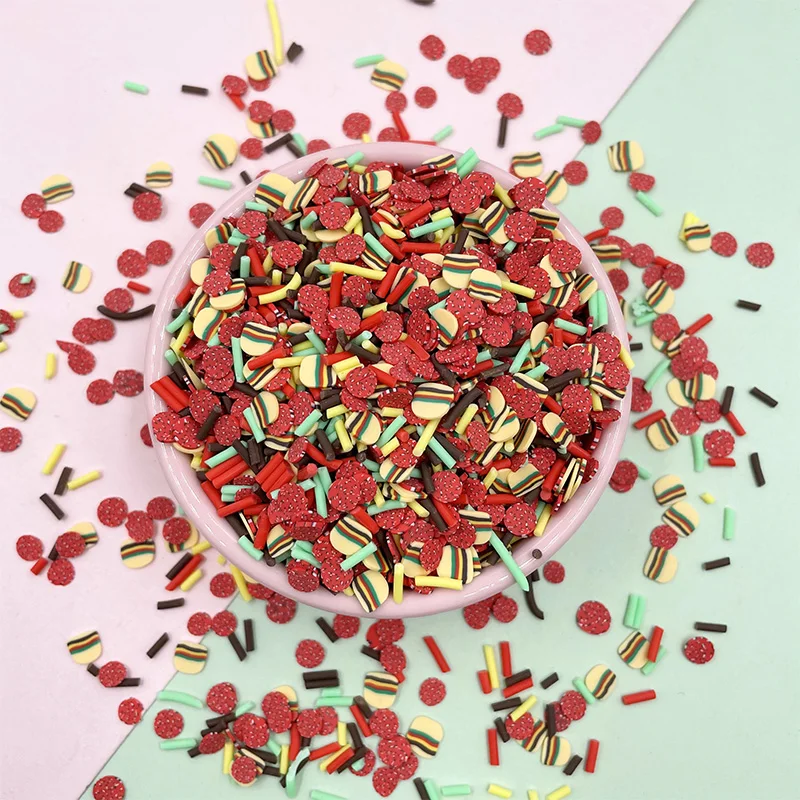 50g/lot Mixed Fake Food Play Hamburger Meat Polymer Slices Hot Clay Sprinkles for Crafts Making DIY Slime Filling Accessories