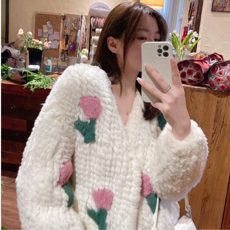 Mulheres 3D Flores Crocheted Faux Rex Coelho Fur Bomber Jacket Dupla face Tecido Mink Fur Coat Cardigan Manga Longa Parka Tops