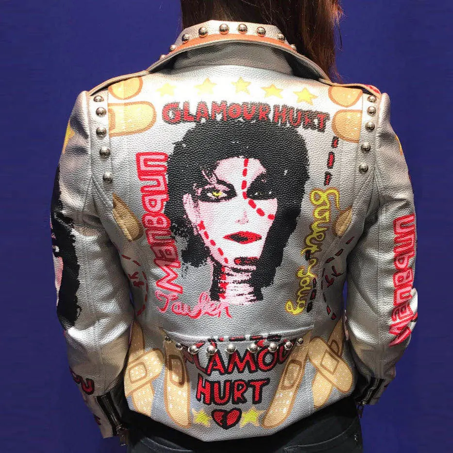 Fashion Sliver Punk Rock Skull Faux Leather Jacket For Women Velvet Personality Graffiti Mike Print Rivet Moter Jacket