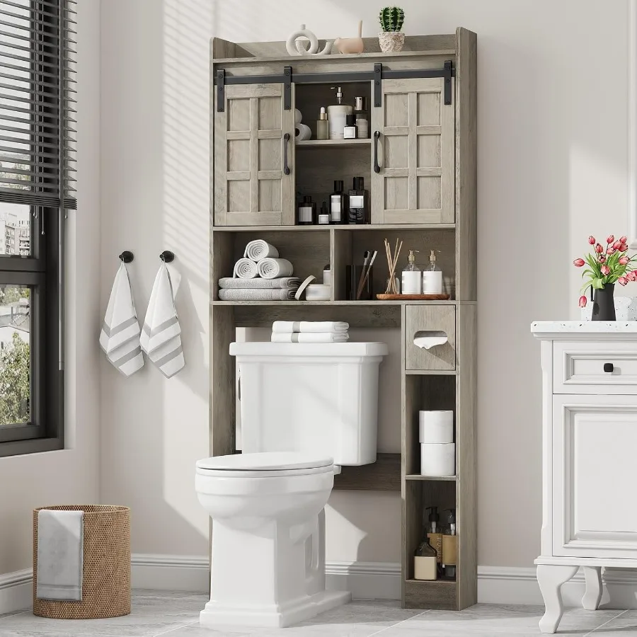 خزانة تخزين فوق المرحاض، خزانة تخزين المزرعة فوق المرحاض مع أبواب منزلقة، رف مرحاض موفر للمساحة للحمام