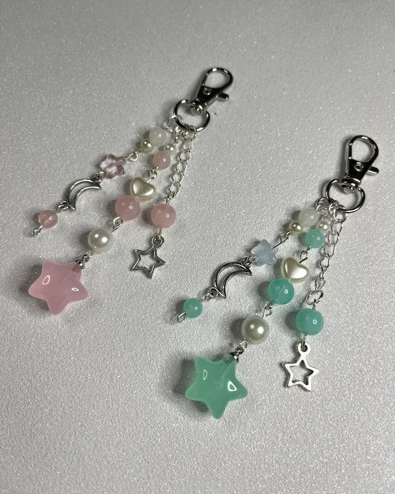 

Celestial Star Beaded Charm Keychain | blue or pink | kawaii, cute, ethereal, aesthetic bag charm | charms | layered keychain |