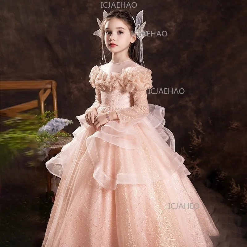 2026 Kids Girl sFormal Dress Flower Girl Wedding Children Birthday Princess Gown Long Sleeve Host Piano Elegant Dresses Costume