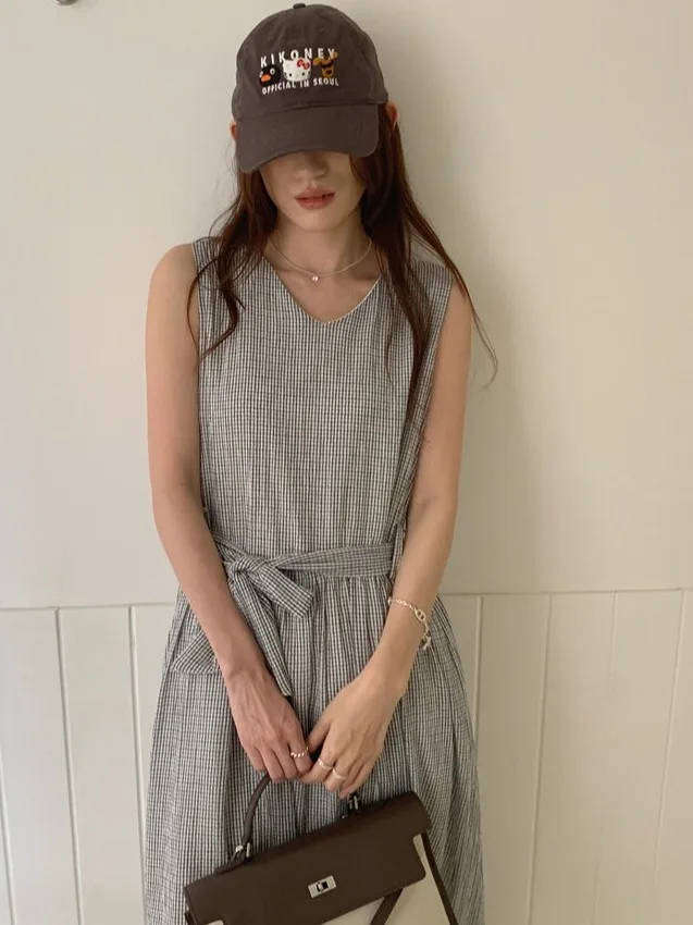 InsV-Ne Kolorowa Krata Kamizelka Dr Damska Letnia Nowa Retro Przeciwstarzeniowa Spódnica Długa z Paskiem w Talii Bez Rękawów Dzianinowa Dr