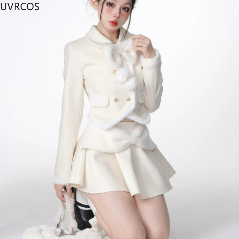 2024 Winter Japanese Style Sweet Casual 2 Piece Set Women Slim Warm Coat Elegant Mini Skirt Suit Lady Pure Color Fashion Outfits