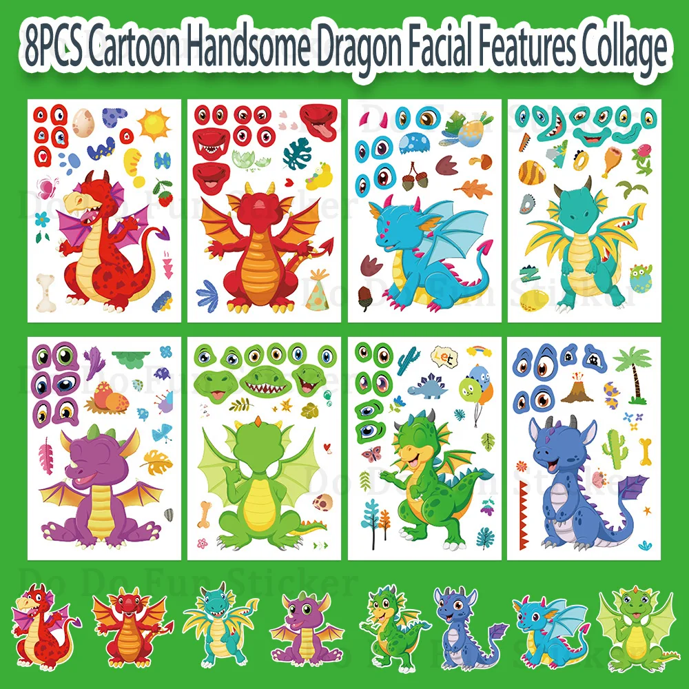 8PCS Cartoon Cool Handsome Dragon Facial Features Creative DIY Sticker Decorate Colorful Little Flying Dragon Decal