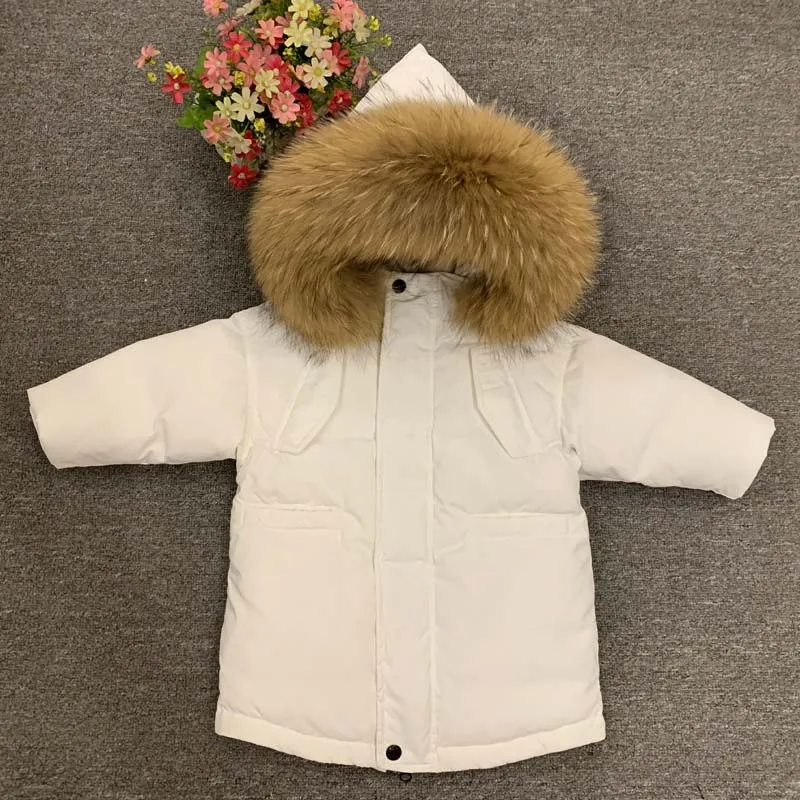 Russian Winter New 90% White Duck Down Jacket Big Real Fur Collar Thicker Outfit Children Hooded Parka Kids Down Coat 2-10Y Z952