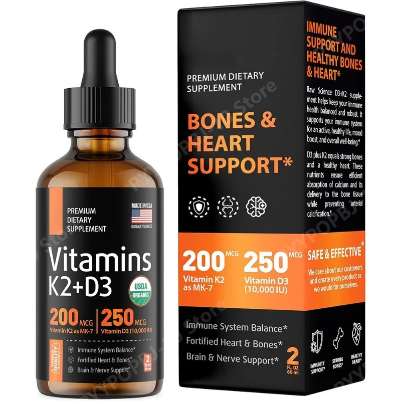 

Vitamin D3 + K2 Drops Liquid 5000 IU D3 with 200 Mcg K2 MK 7 MCT Oil Base Supports Immune & Bone Health 60ml