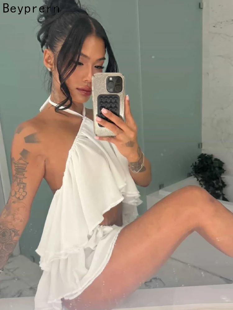 Beyprern Sexy White Mesh Two Pieces Shorts Outfit Women Solid Halter Bandage Backless Top And Shorts Suit Party Clubwear Set