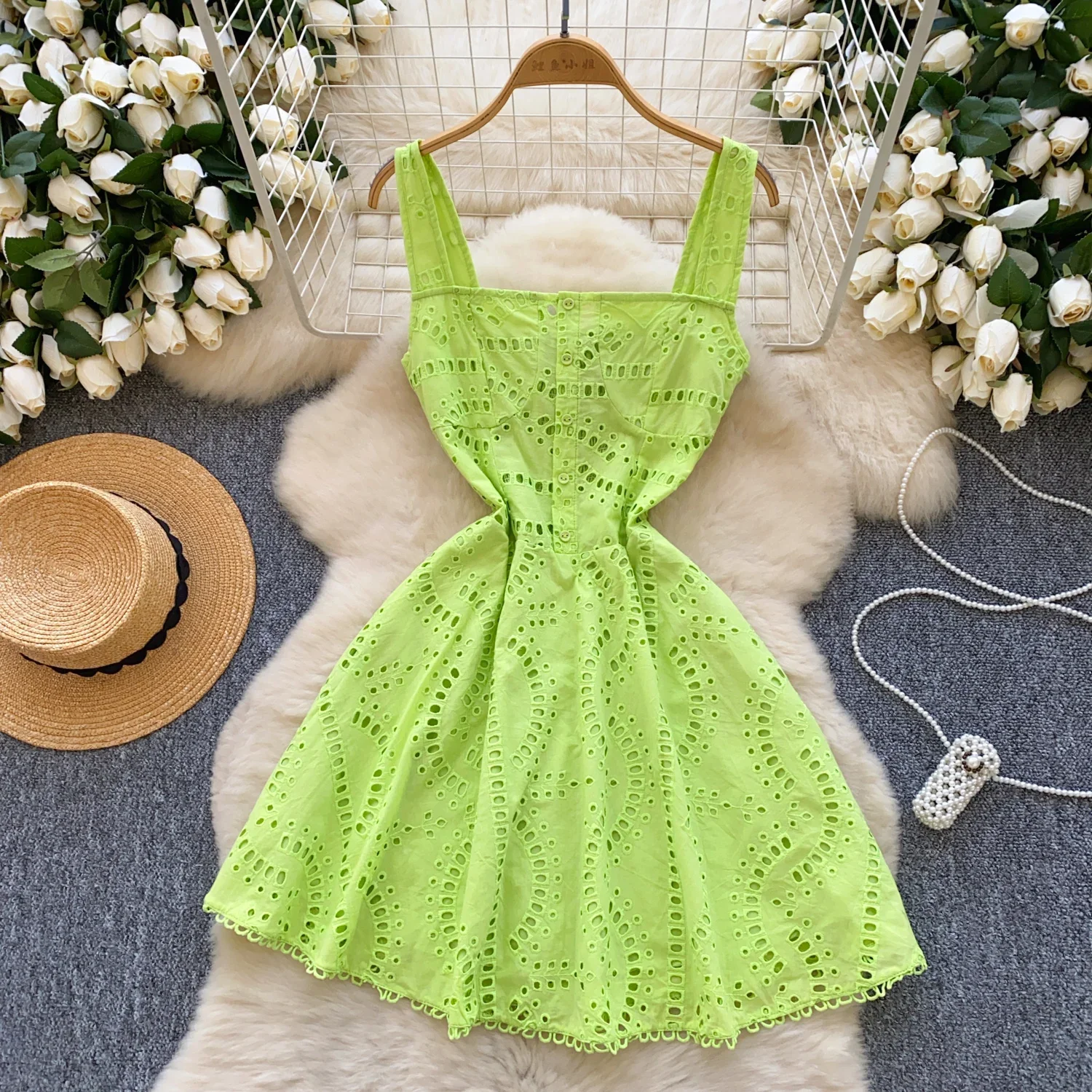 Hotsweet Hollow Out Hook Flower Embroidered Square Collar Straps Sleeveless Slim Short Dress Beach Vacation High Street Clothing