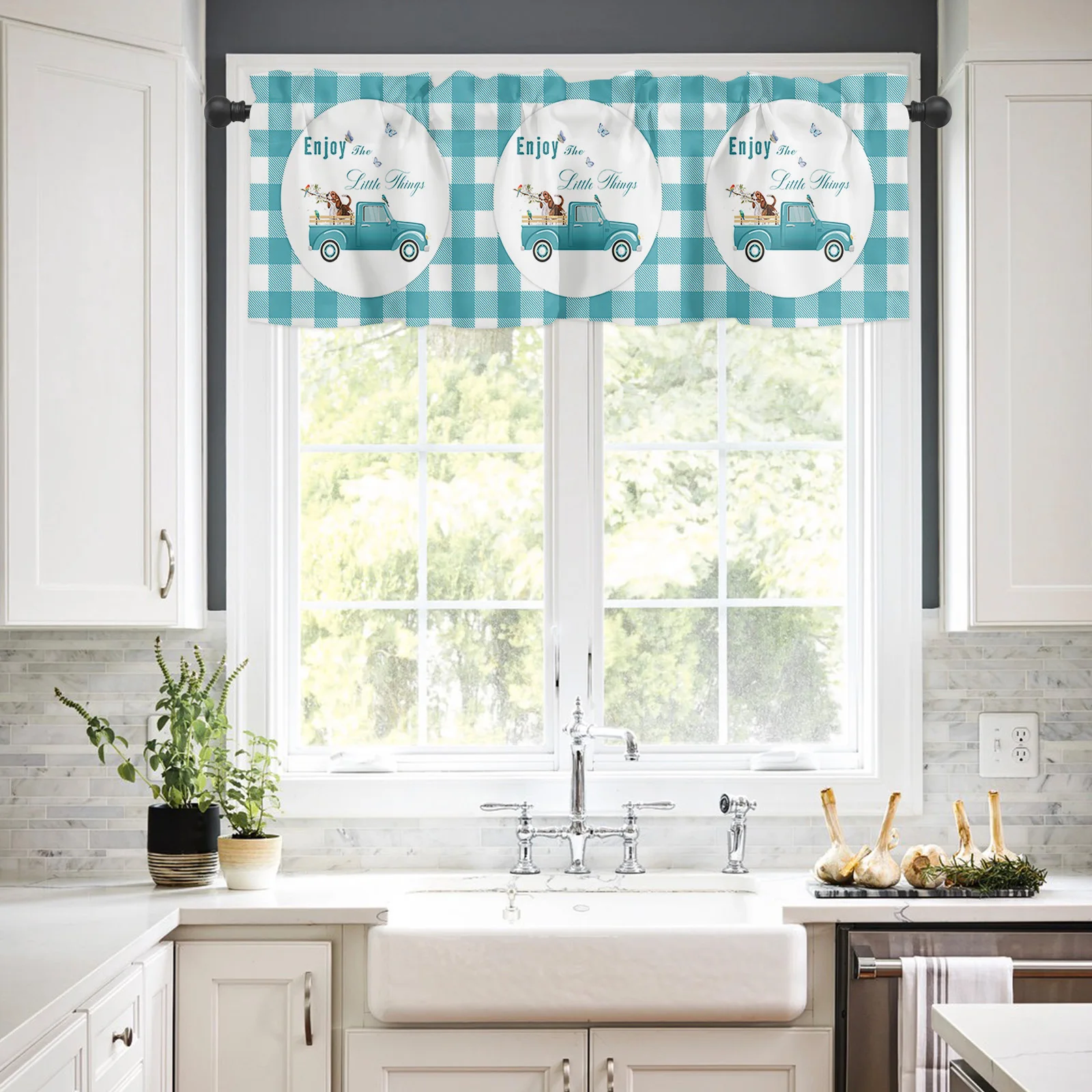 ZEDLIYU Valances for Windows Kitchen Living Room Small Window Valance Enjoy the Little Things Red Truck Teal Checkered 1 Panel