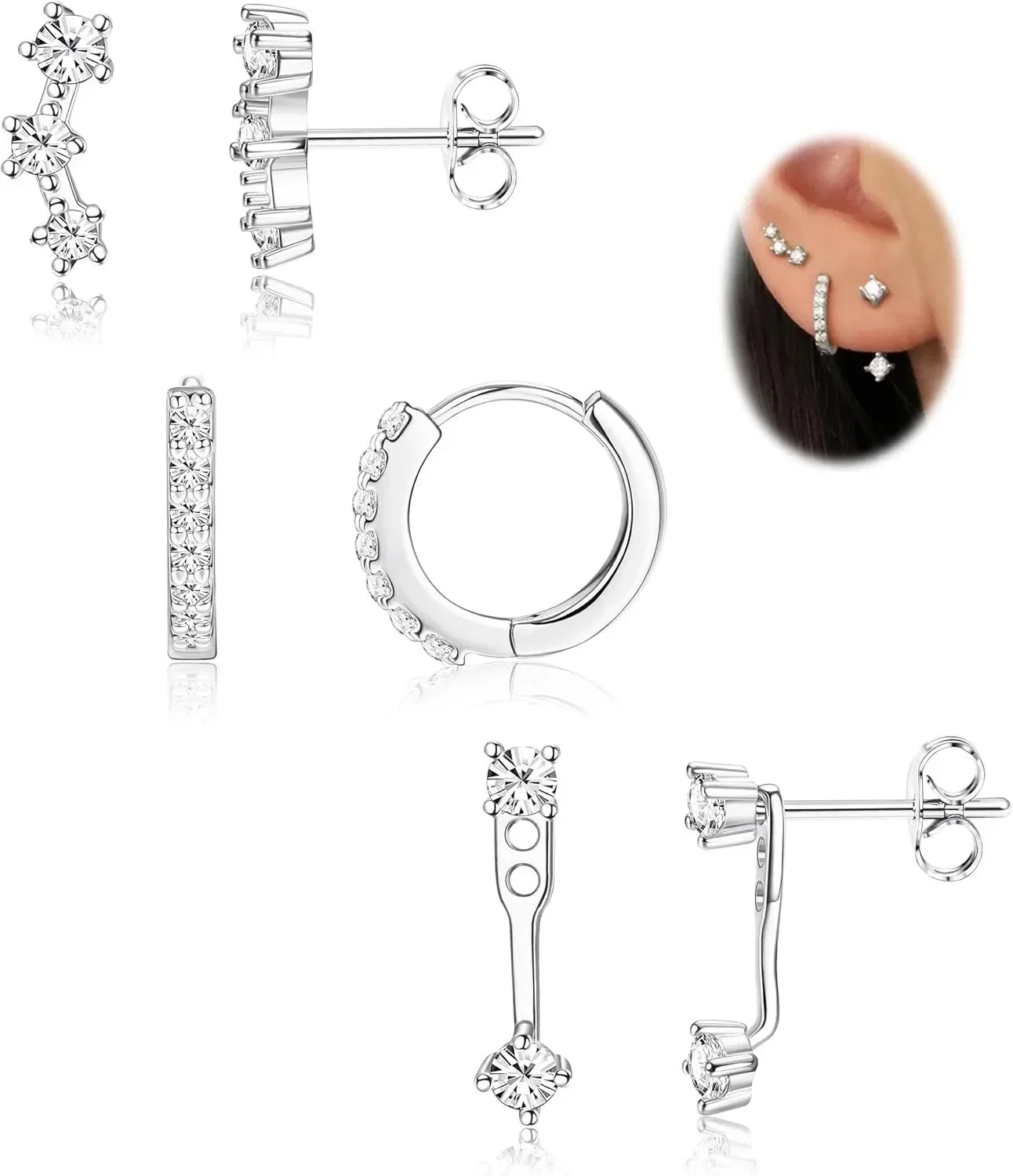 3 Pairs 925 Sterling Silver allergy Free Women Earrings Set Multiple Piercing Dainty 14K Gold Plated Stud Huggie Hoop Earrings