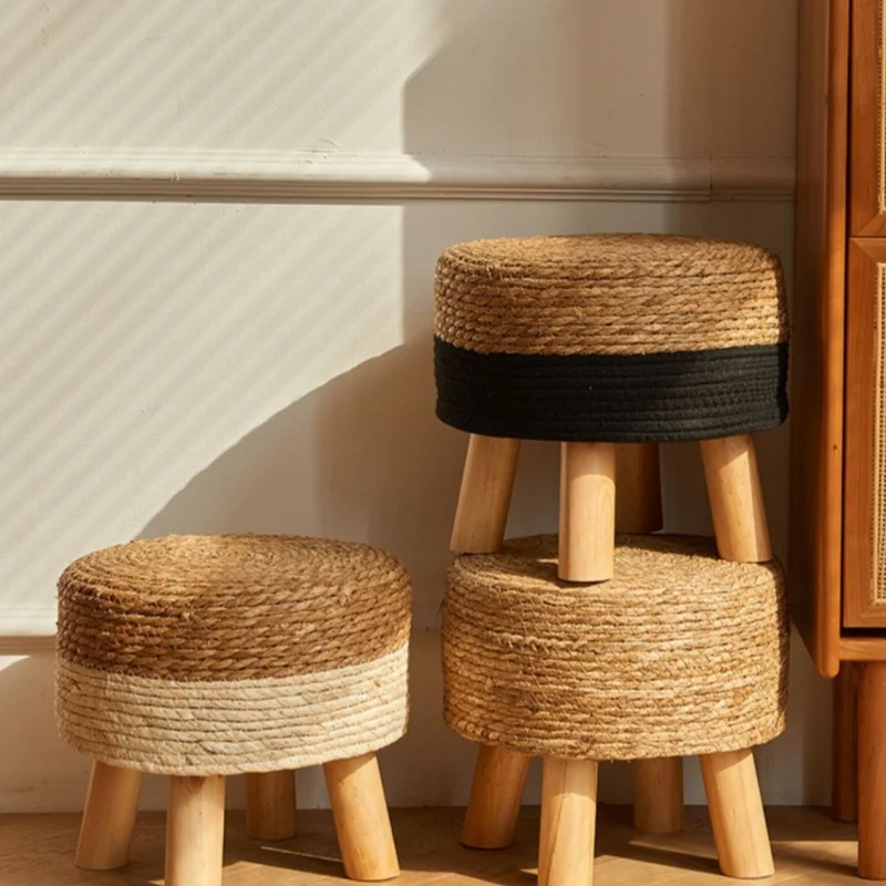 Natural Small Round Stool for Entryway Thickened Seat for Shoe Changing Chair Handwoven Home Decor Grass Woven Stool
