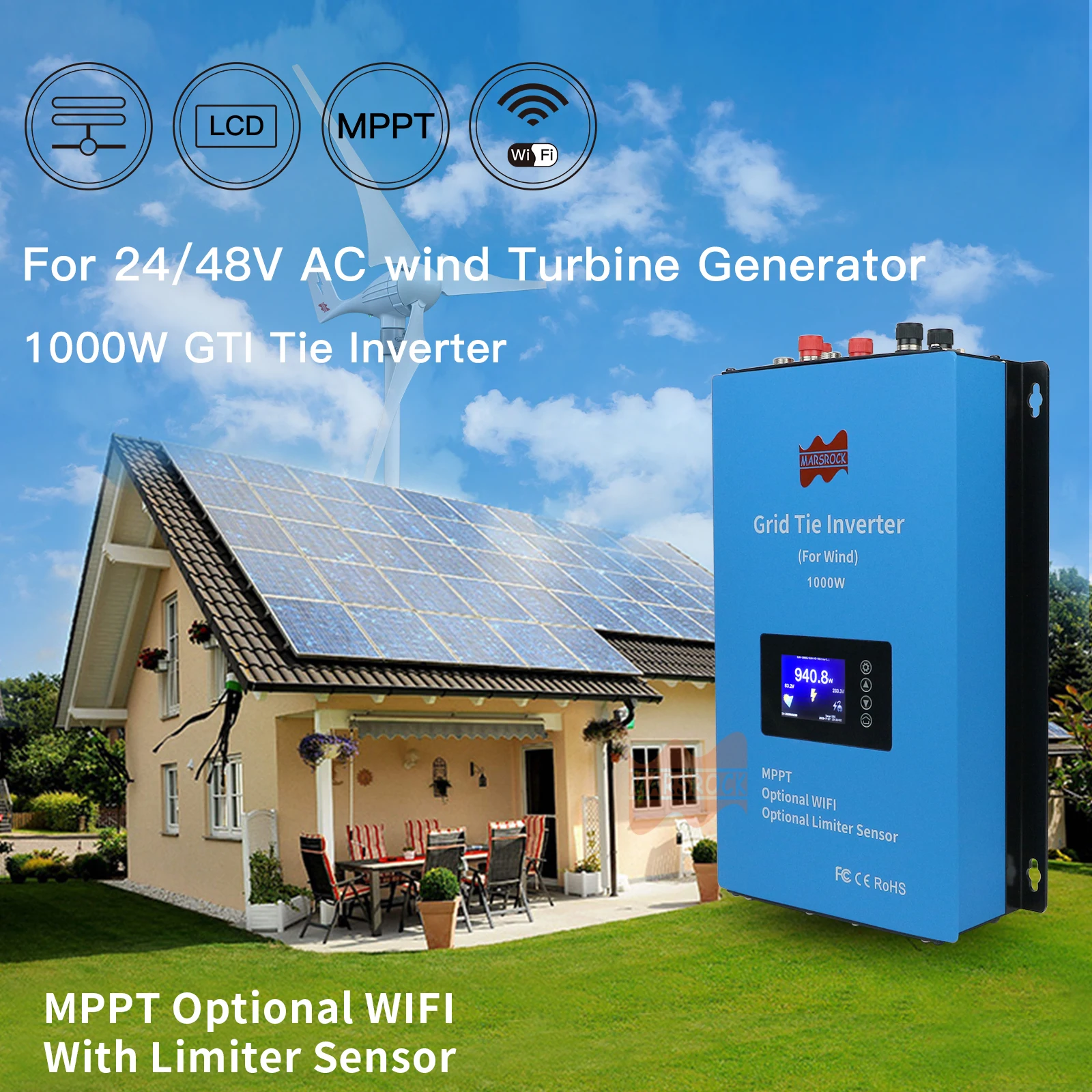 

1000W 24V 48V Grid Tie Inverter With Limiter Sensor Wind Turbine Generator MPPT Converter AC95-265V for Household Wind Turbine