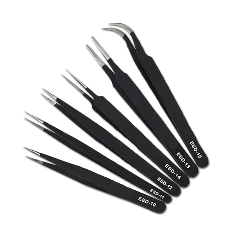 6Pcs/Set Tweezers Tool ESD 10-15 Safe Anti-static Stainless Steel Soldering Tweezers Tools Set for Soldering Station