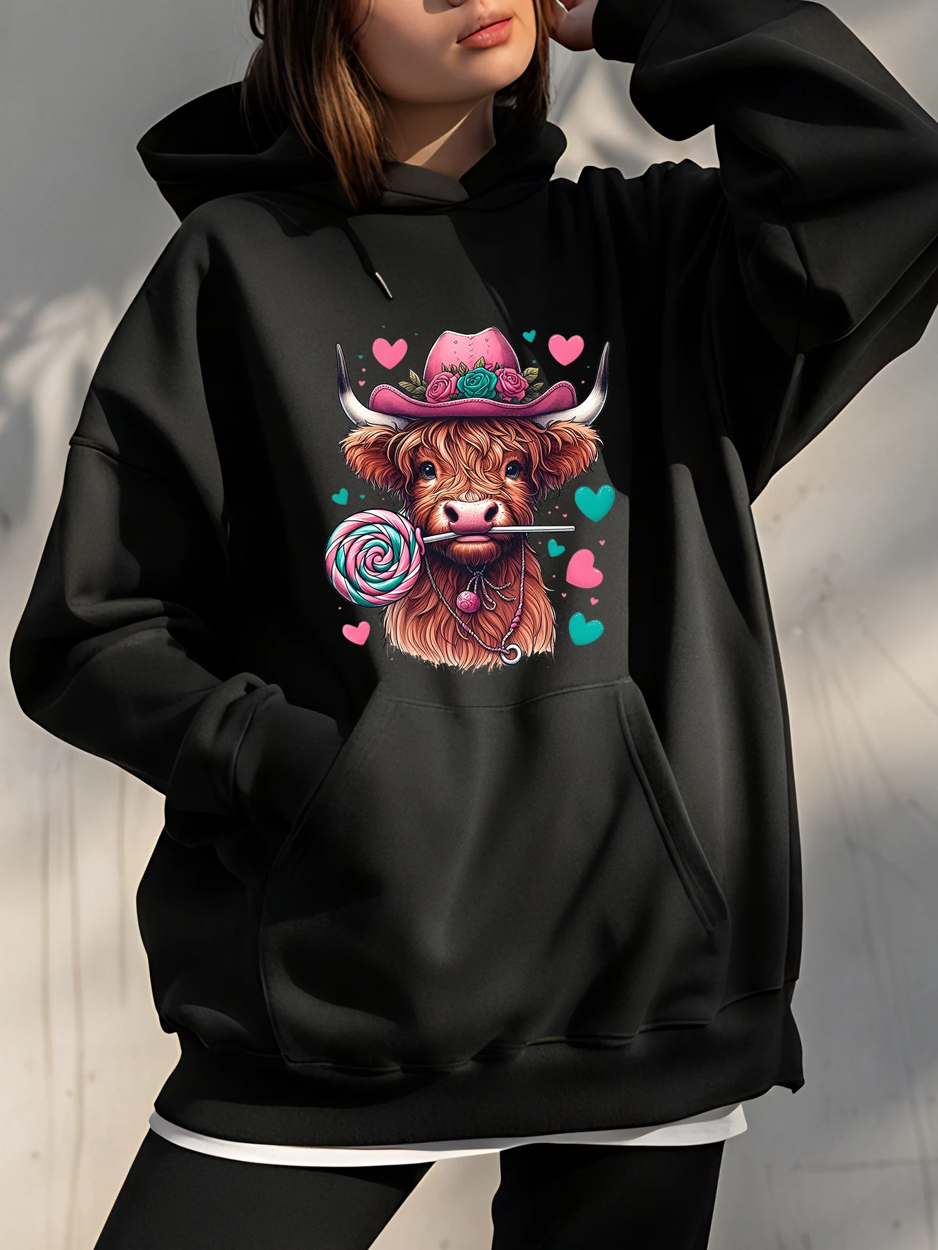 

Cute Cow Hoodie with Pink Hat and Lollipop Print, Women's Casual Sweatshirt, Fashionable Streetwear for Girls and Teens