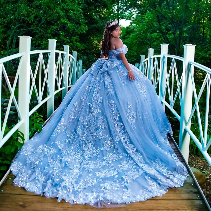 Sky Blue Quinceanera Dresses Ball Gown Off The Shoulder Applique Lace Beading Bow Tull Corset Sweet 16 Dress Vestido De 15 Anos